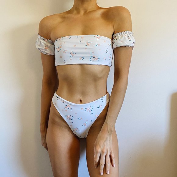 Other - White Peach Floral Off Shoulder Ruffle Bikini